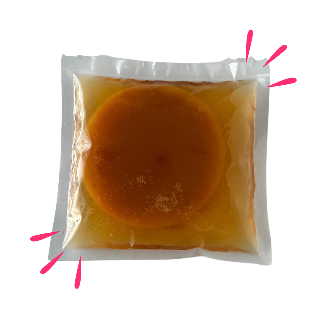 Sealed pouch containing a live kombucha SCOBY culture and starter liquid, used for home fermentation.