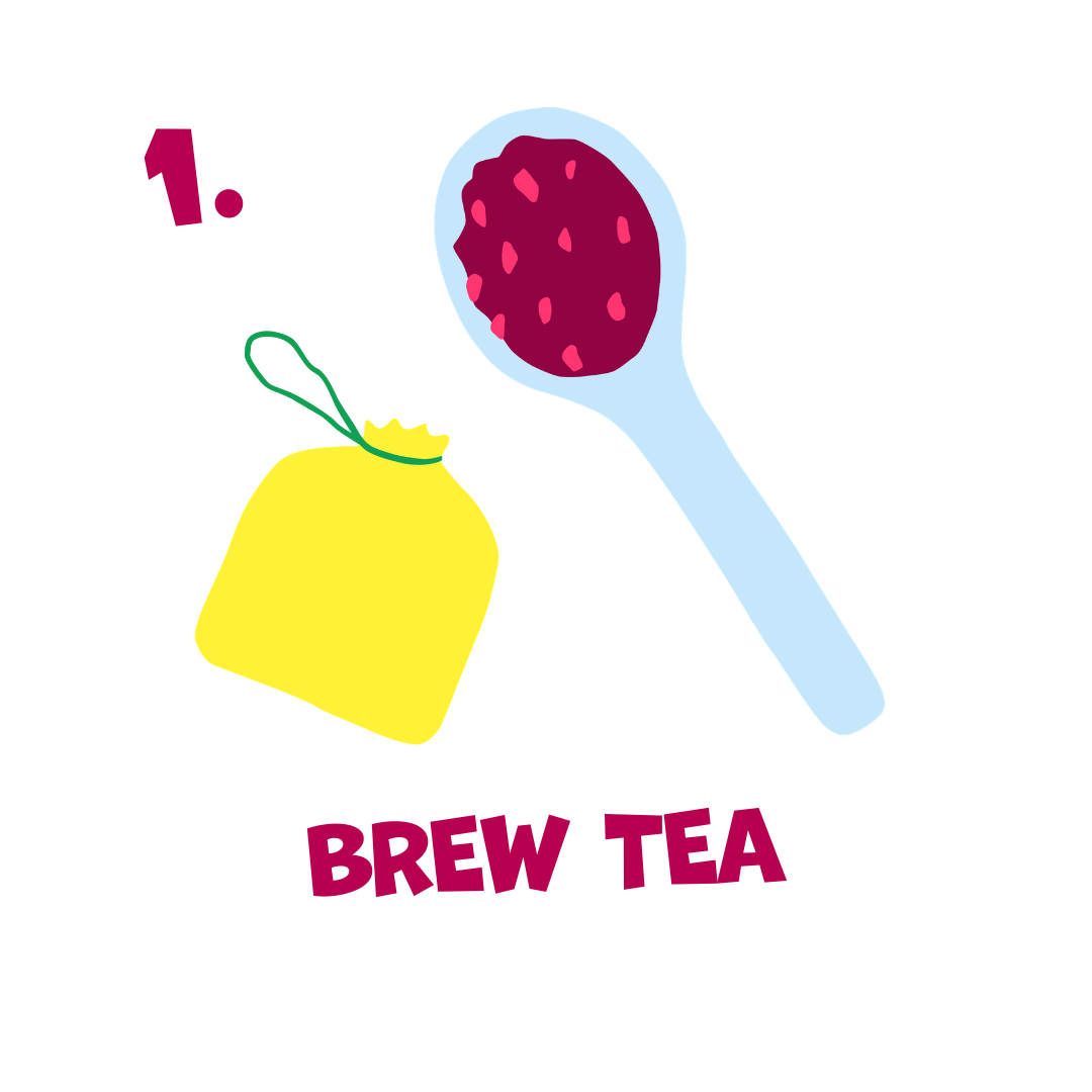Illustration of a tea bag and spoon with tea leaves, accompanied by text 'Brew Tea'.
