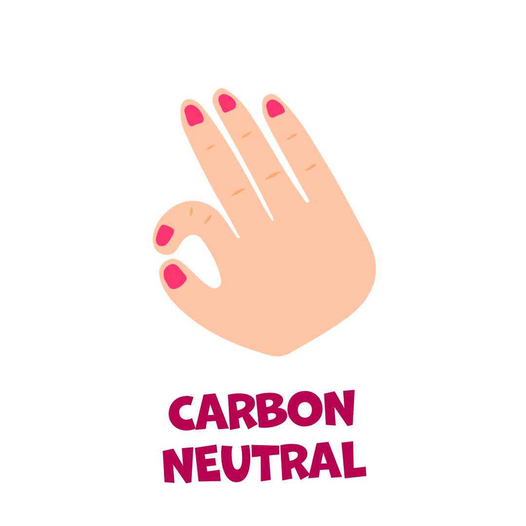 Illustration of a hand with pink nails and 'Carbon Neutral' text on a white background