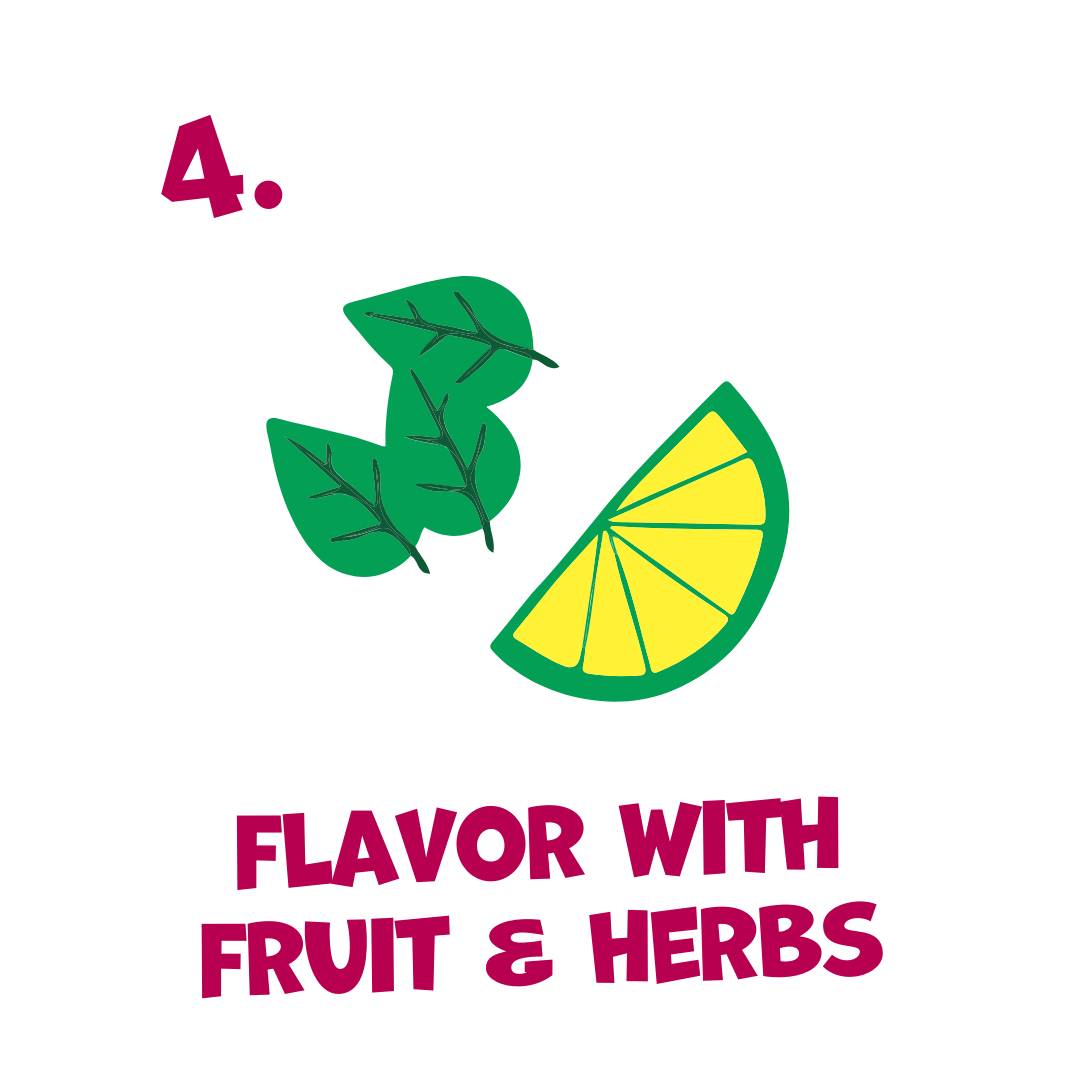 Illustration of a lemon slice and green leaves with text 'Flavor with Fruit & Herbs' on a white background.