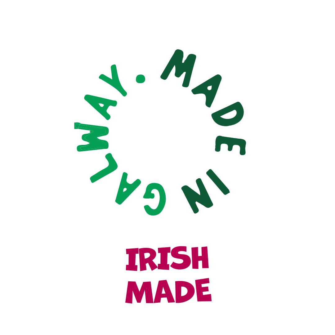 Circular logo with 'Made in Galway' text in green and 'Irish Made' text in pink on a white background.