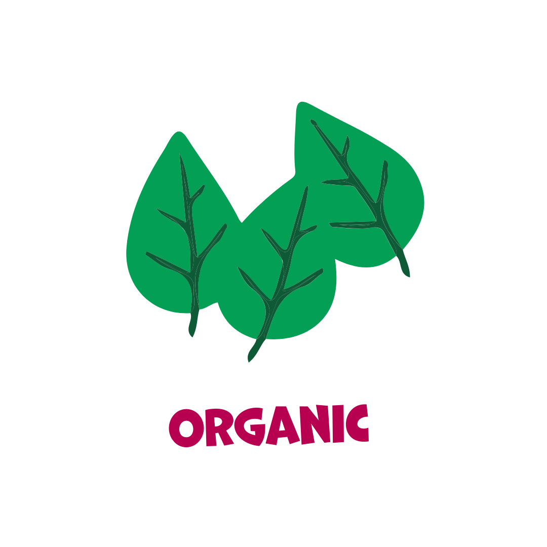Green leaves with 'ORGANIC' text on a white background