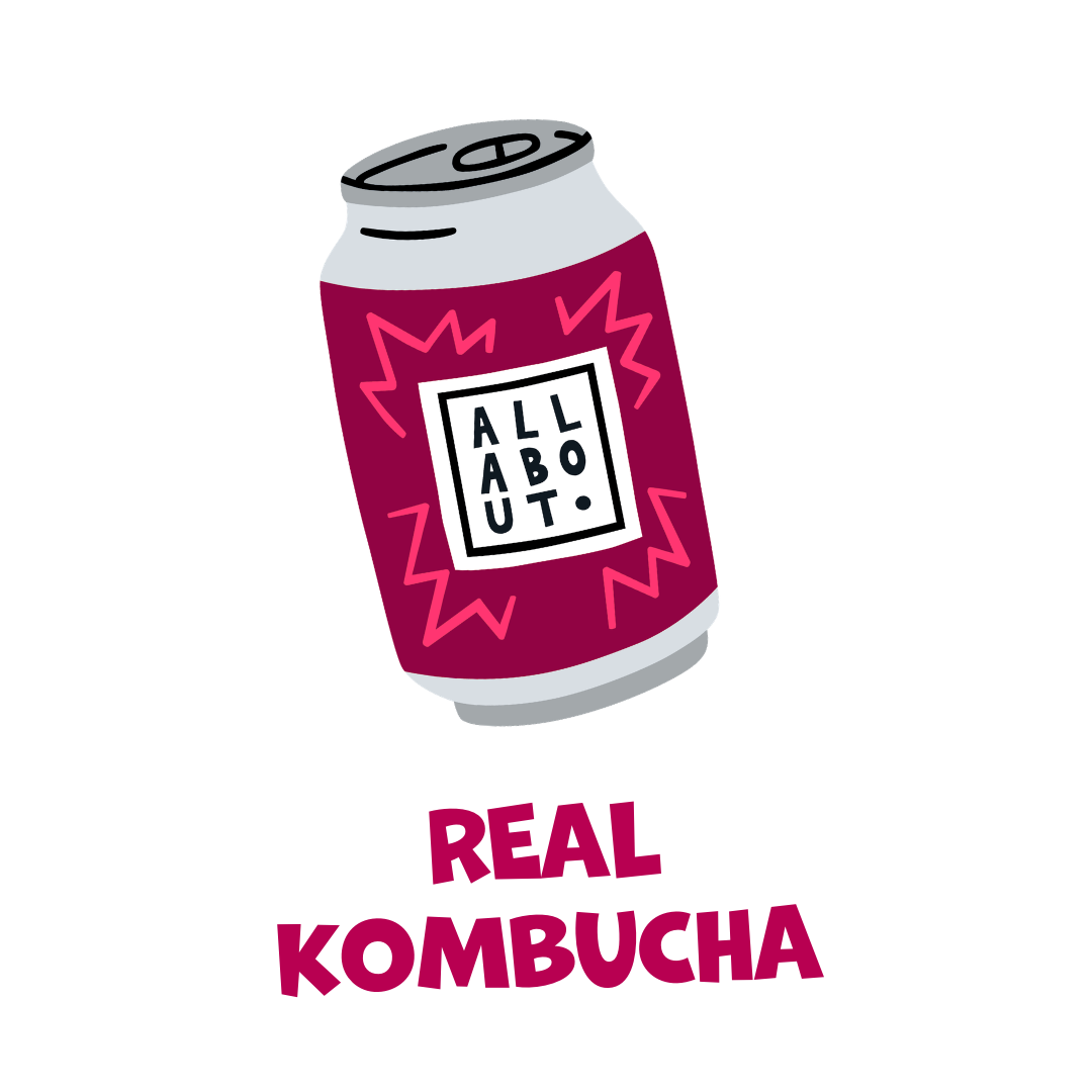 Kombucha can with 'All About' branding on a white background