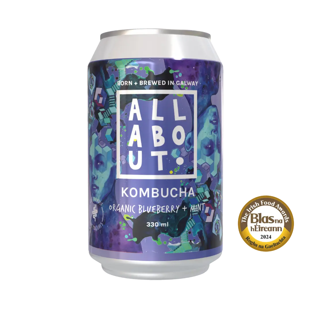 All About Kombucha 330ml can of organic blueberry and mint kombucha with bold purple design and 2024 Blas na hÉireann Gaeilge award badge