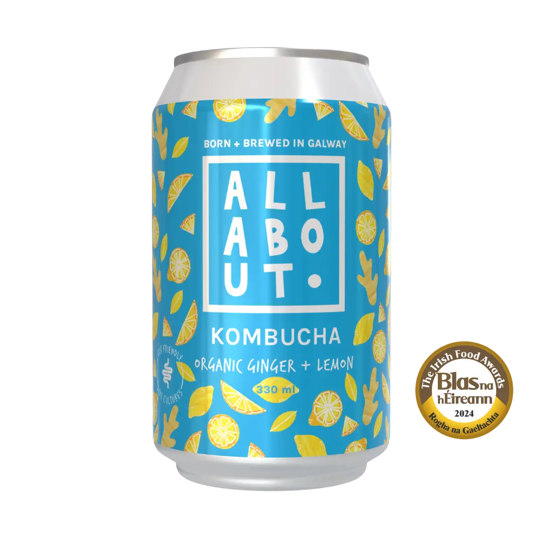 All About
Kombucha 330ml
can of organic
ginger and 
lemon kombucha
with bright blue
label and 2024
Blas na hÉireann 
Gaeilge award badge.