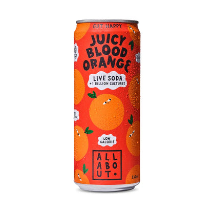 Blood Orange flavoured Live Soda can with a red-orange label featuring playful orange fruit characters.