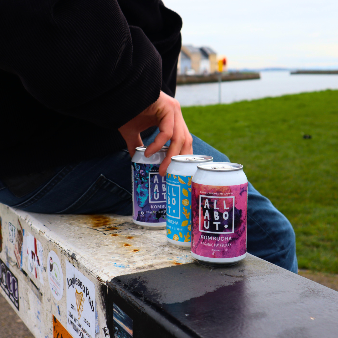 Person holding All About Kombucha cans organic raspberry, blueberry mint, and ginger lemon sitting by the Galway waterfront on a sticker-covered bench.