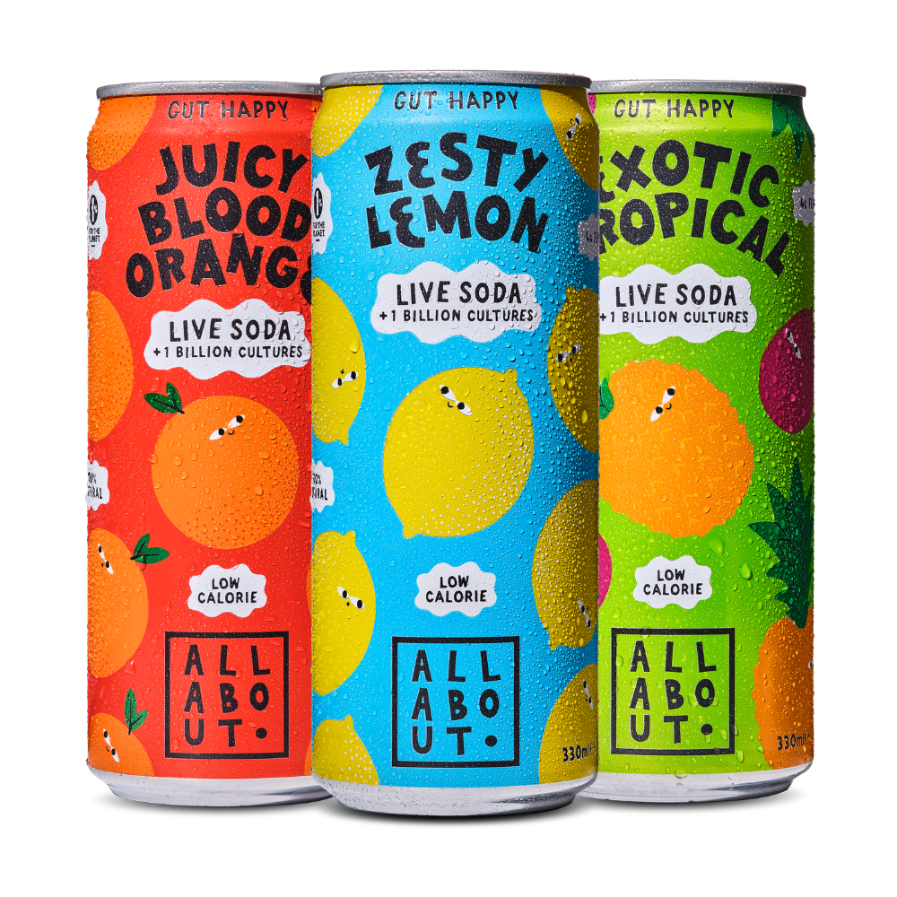 Three Live Soda cans in Blood Orange, Lemon and Tropical flavours featuring playful fruit illustrations and vibrant flavour labels.