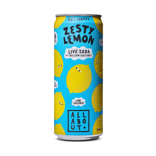 All About Kombucha 330ml can of lemon live organic soda featuring playful yellow lemon illustrations on a blue background, highlighting real fruit and gut-friendly benefits. 