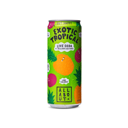 Tropical flavoured Live Soda with a green label and playful fruit characters