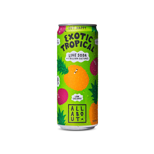 Tropical flavoured Live Soda with a green label and playful fruit characters