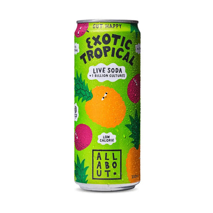 All About Kombucha 330ml can of tropical live organic soda with colourful fruit characters on a vibrant green background, highlighting real fruit and 100% natural ingredients 